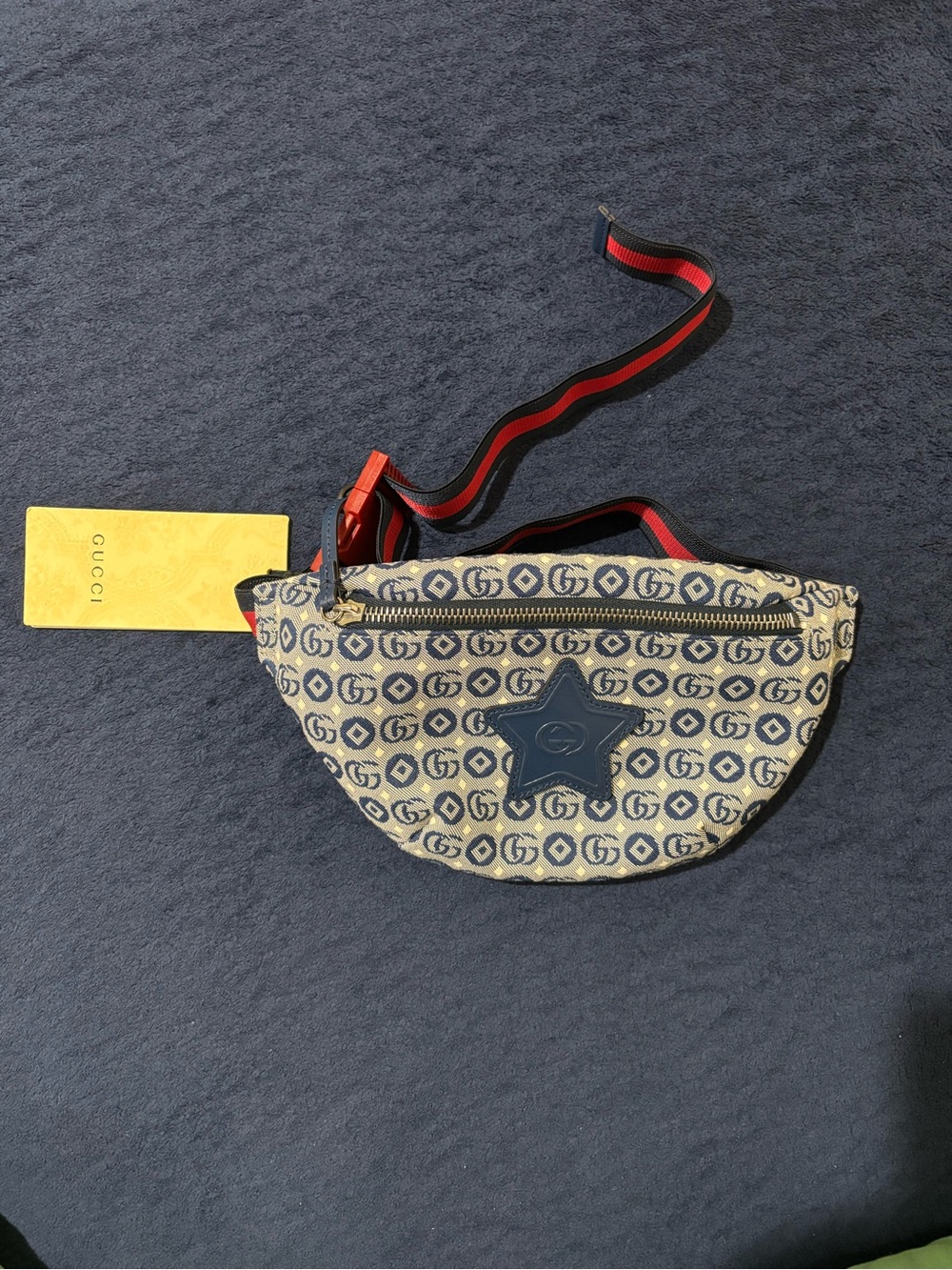 Gucci Navy and Beige Monogram Star Belt Bag with Red-Trim Strap